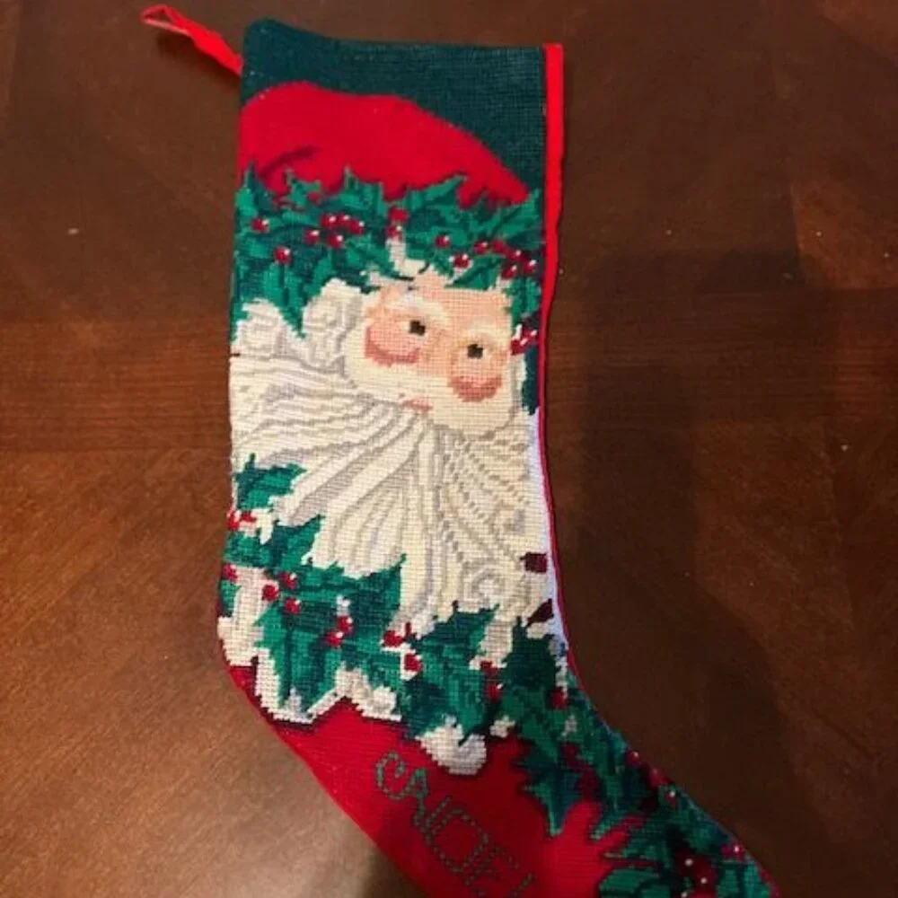 vintage Handmade Needlepoint Santa Christmas‎ Stocking Red & Green Noel name